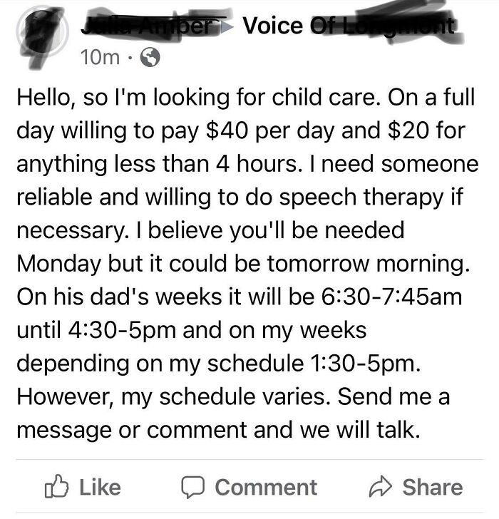 A social media post from a delusional parent seeking child care for $40/day and requiring speech therapy.