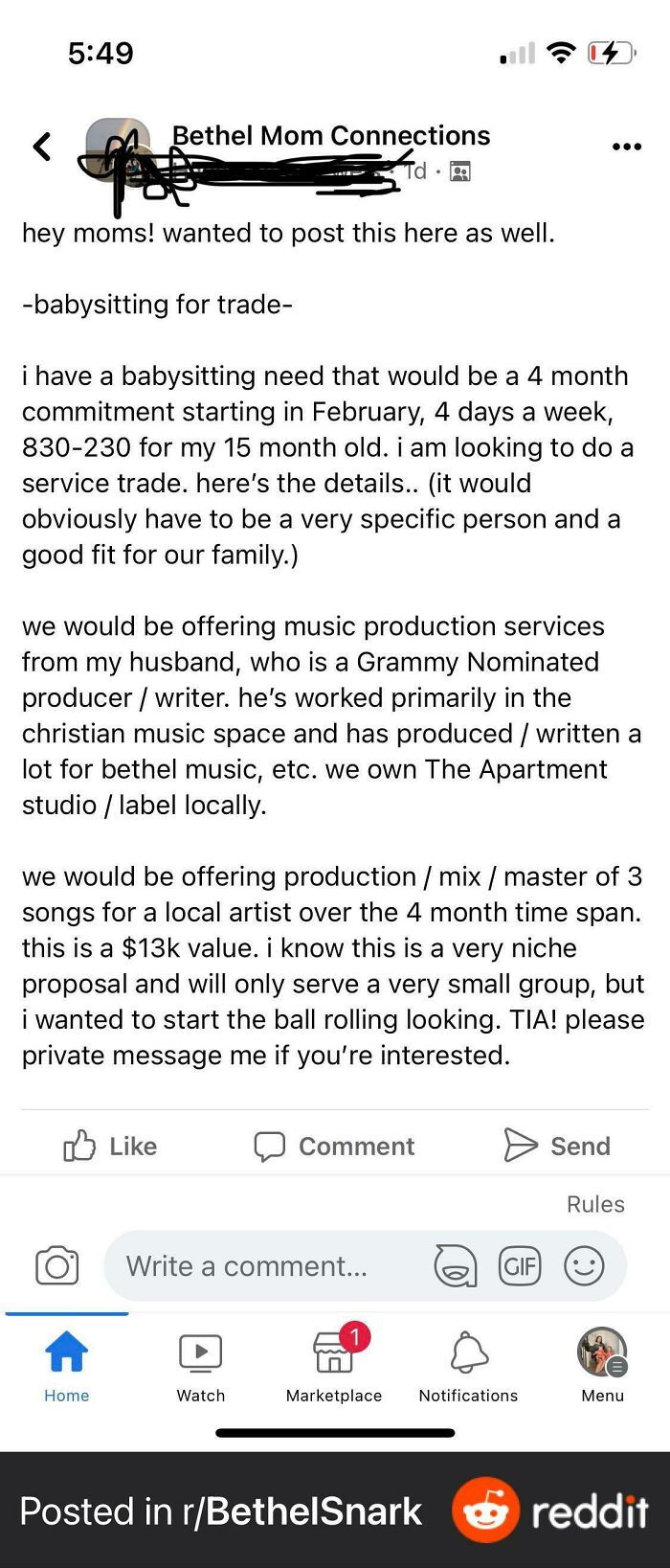 A social media post from entitled parents offering music production services as payment for babysitting.