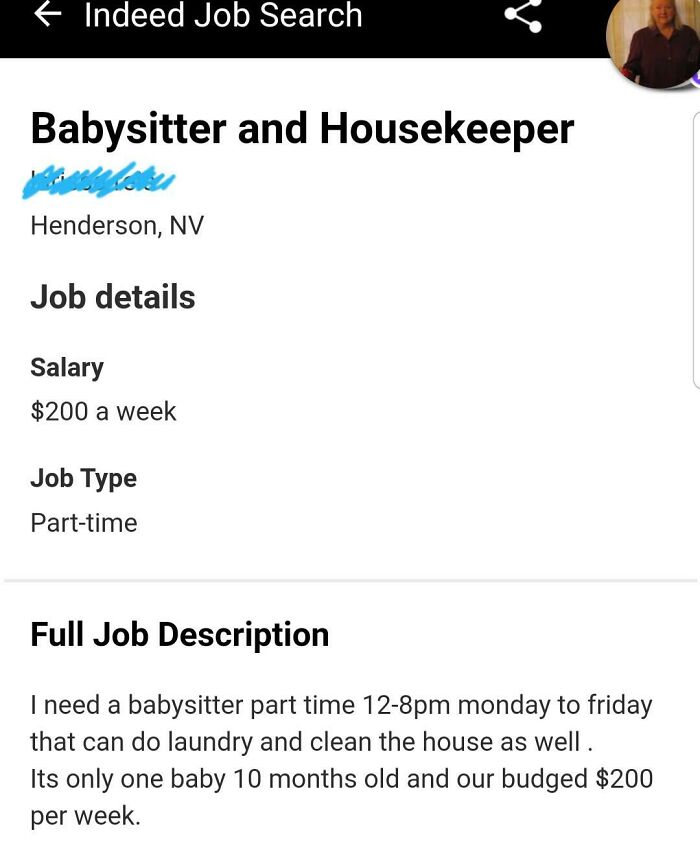 An Indeed job posting from a delusional parent offering $200 a week for a full-time babysitter and housekeeper.