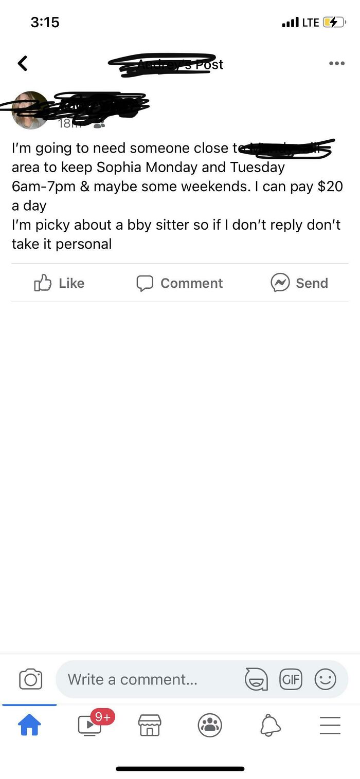 A social media post from a delusional parent offering to pay $20 a day for babysitting and being picky.