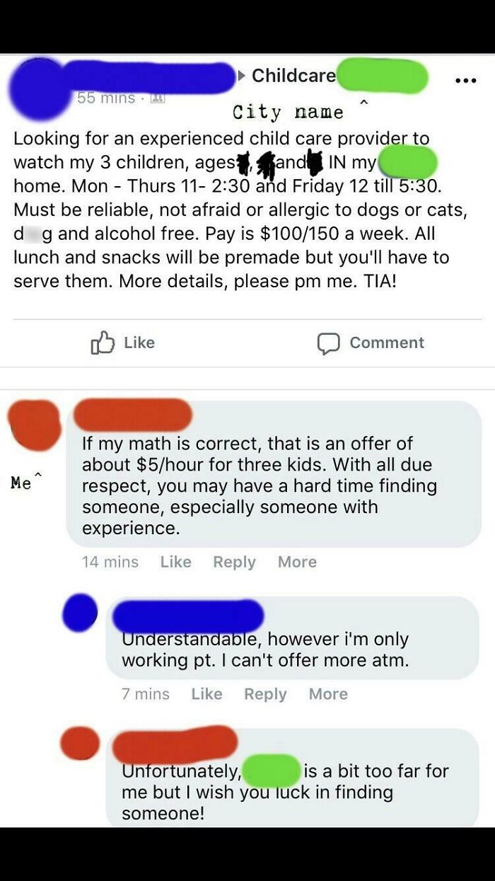 A social media post from an entitled parent offering $100-150 a week for childcare for three children.