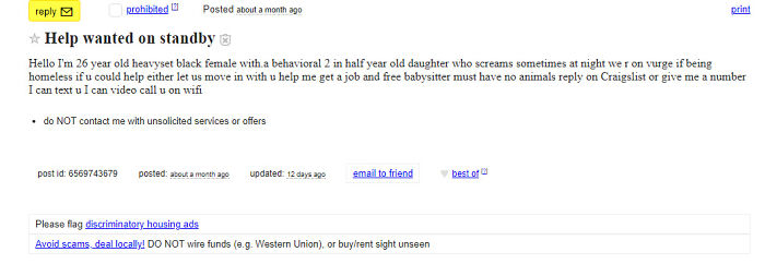 Entitled parents seeking free babysitting and housing assistance, highlighting a Craigslist post for help.