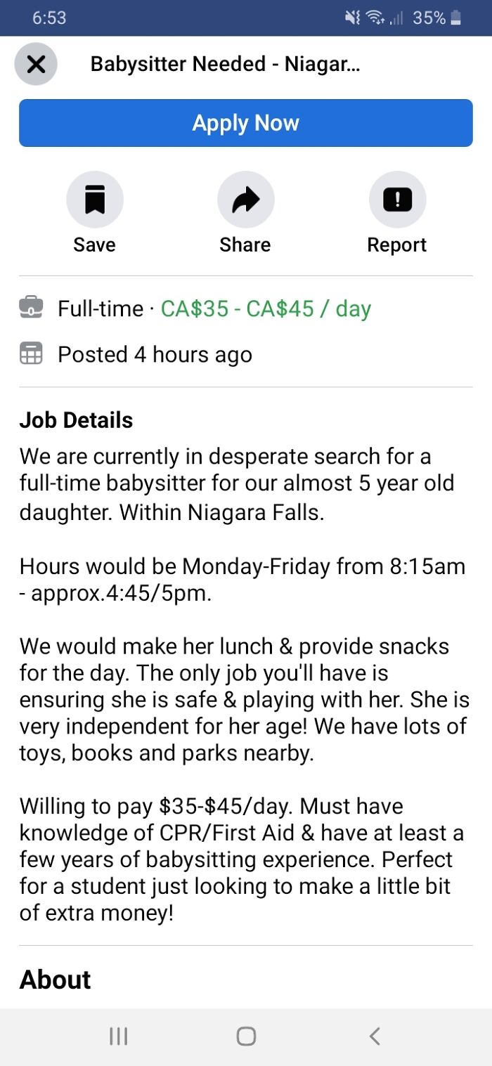 Entitled parents posting a babysitting job for their kid with a low daily wage, showing the expectation.