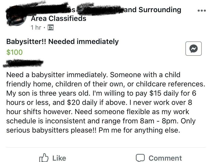 Entitled parents: A social media post seeking a babysitter for low daily pay, highlighting delusional expectations.