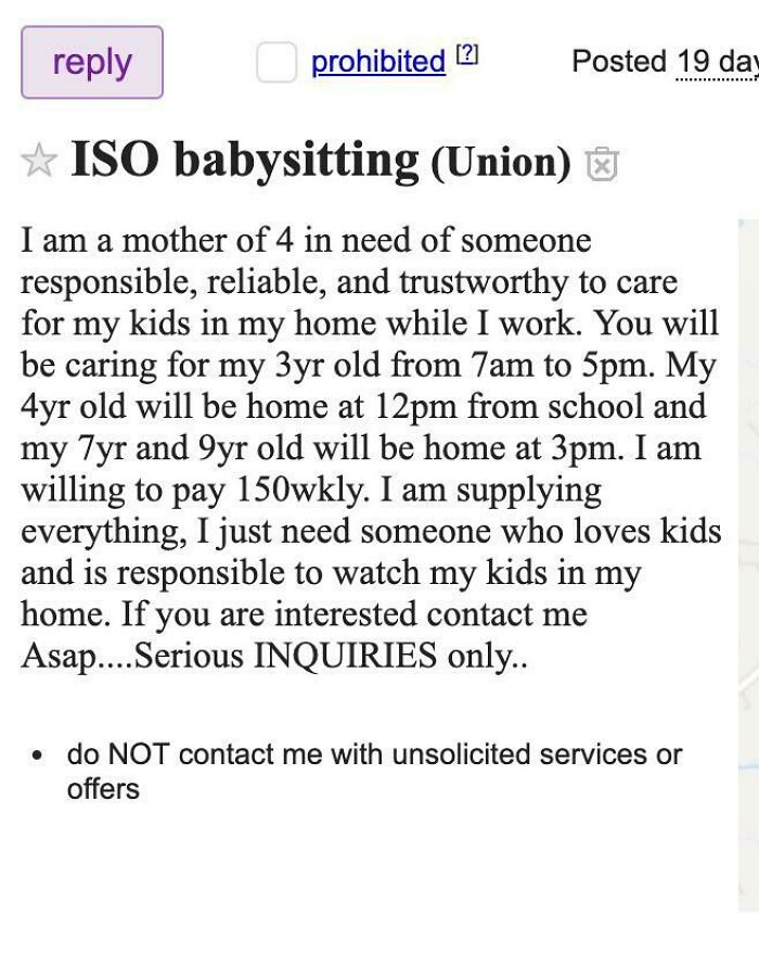 Entitled parents seeking babysitting for their kids, advertising a low wage for childcare responsibilities.