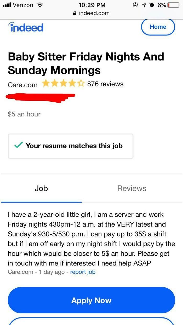 Entitled parents: An online job posting for a babysitter offering a mere $5 an hour for night and morning shifts.