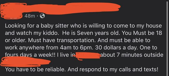 Entitled parents: A Facebook post by a parent seeking a babysitter willing to work from 4 AM to 6 PM for $30 a day.