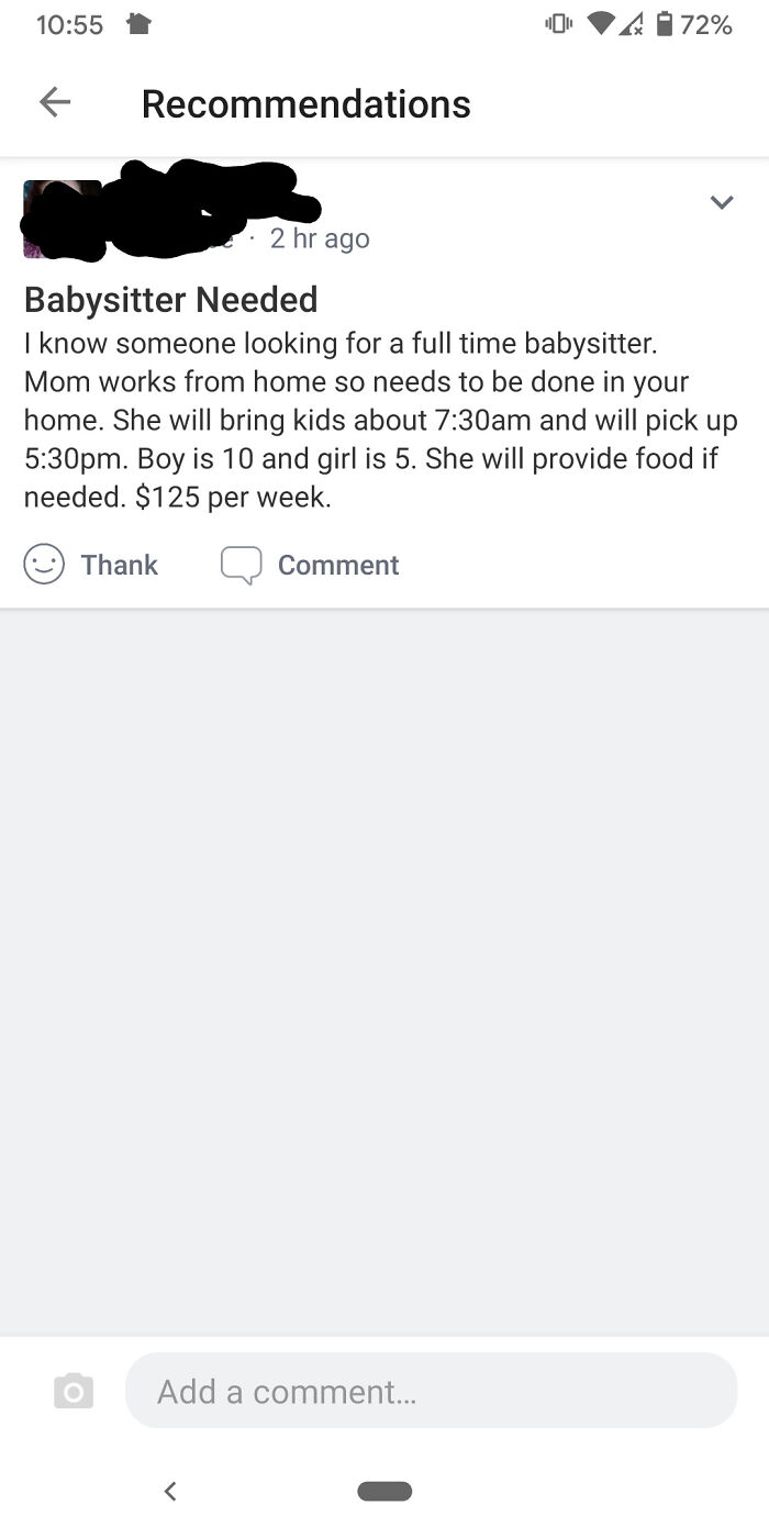 Delusional parents: A babysitter needed post seeking full-time care for $125 a week, including food.
