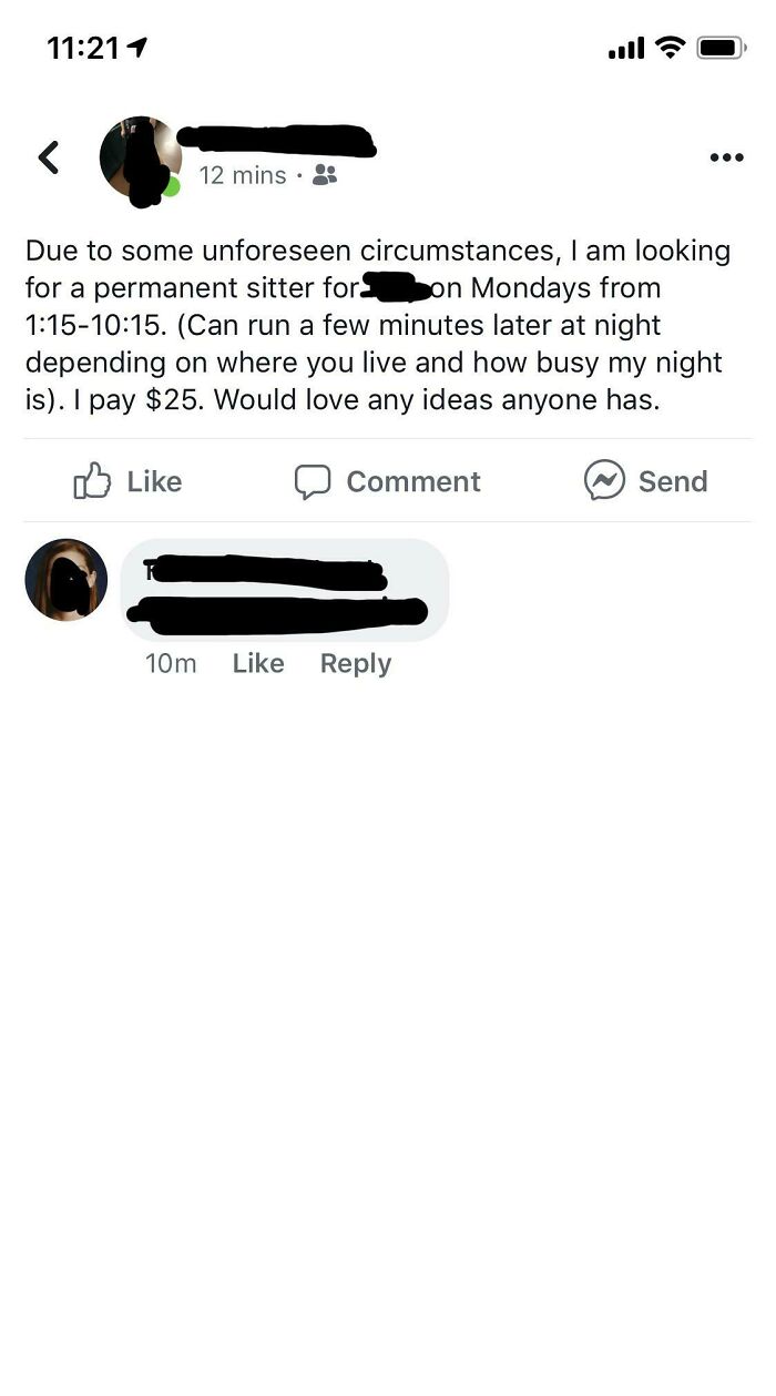 Entitled parents: A Facebook post asking for a permanent sitter for a long shift, offering only $25.