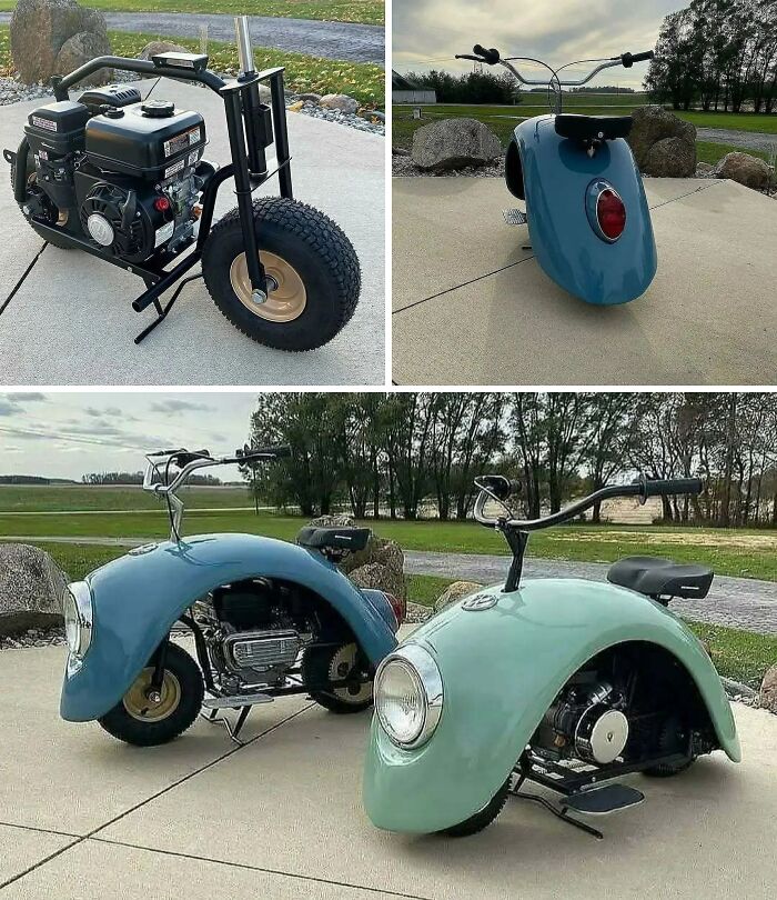 Collage displaying brilliant design choices of mini bikes resembling vintage car fronts.