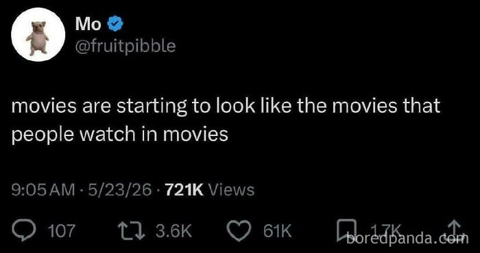 An oddly specific post on Twitter about movies looking like movies people watch in movies.