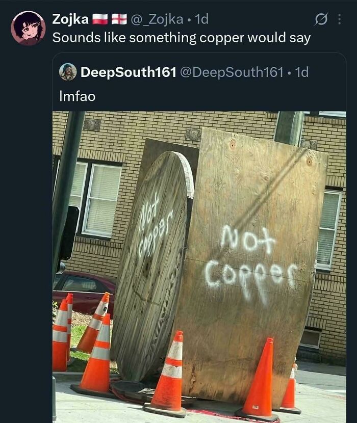 A social media post showing construction materials with Not Copper spray-painted on them, an oddly specific post related to copper theft.