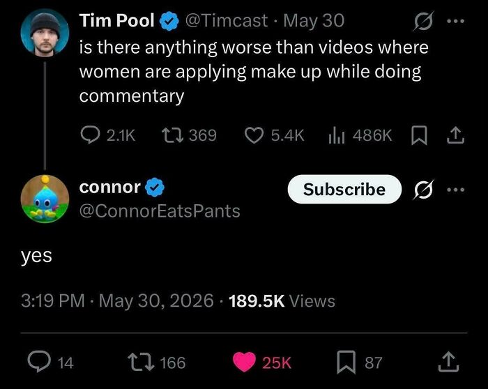 A screenshot of an oddly specific post on Twitter by Tim Pool and a reply from connor.