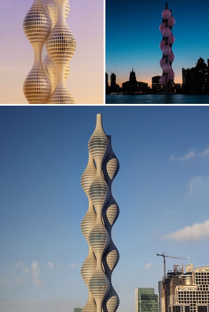 Collage of brilliant design choices showing a futuristic, spiraling skyscraper during day and night.