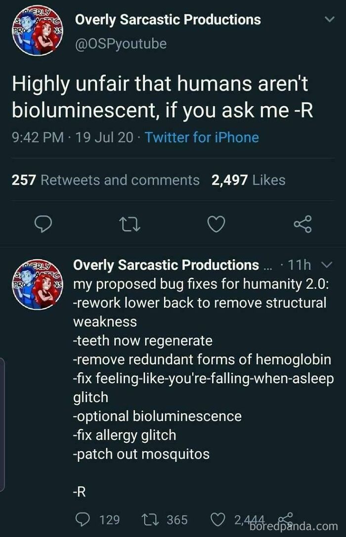 An oddly specific post from Overly Sarcastic Productions on Twitter, discussing humans not being bioluminescent and bug fixes for humanity 2.0.