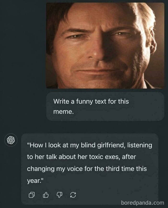 A screenshot of an oddly specific post featuring Saul Goodman and AI generated text about exes.