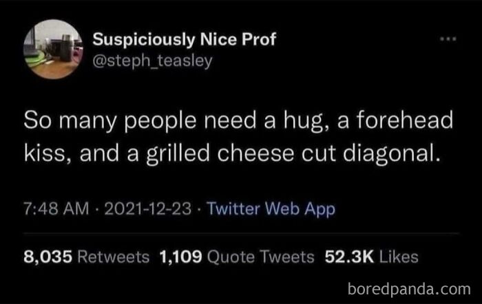A screenshot of an oddly specific post on Twitter from Suspiciously Nice Prof about grilled cheese.
