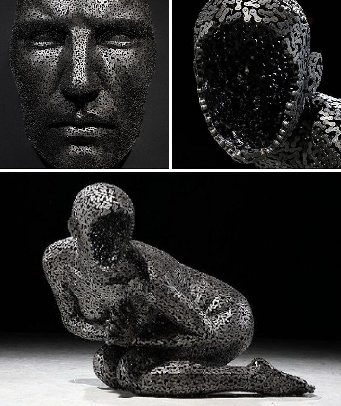 A sculpture of a figure made entirely from brilliant design choice metal bicycle chains, shown in three close-up views.