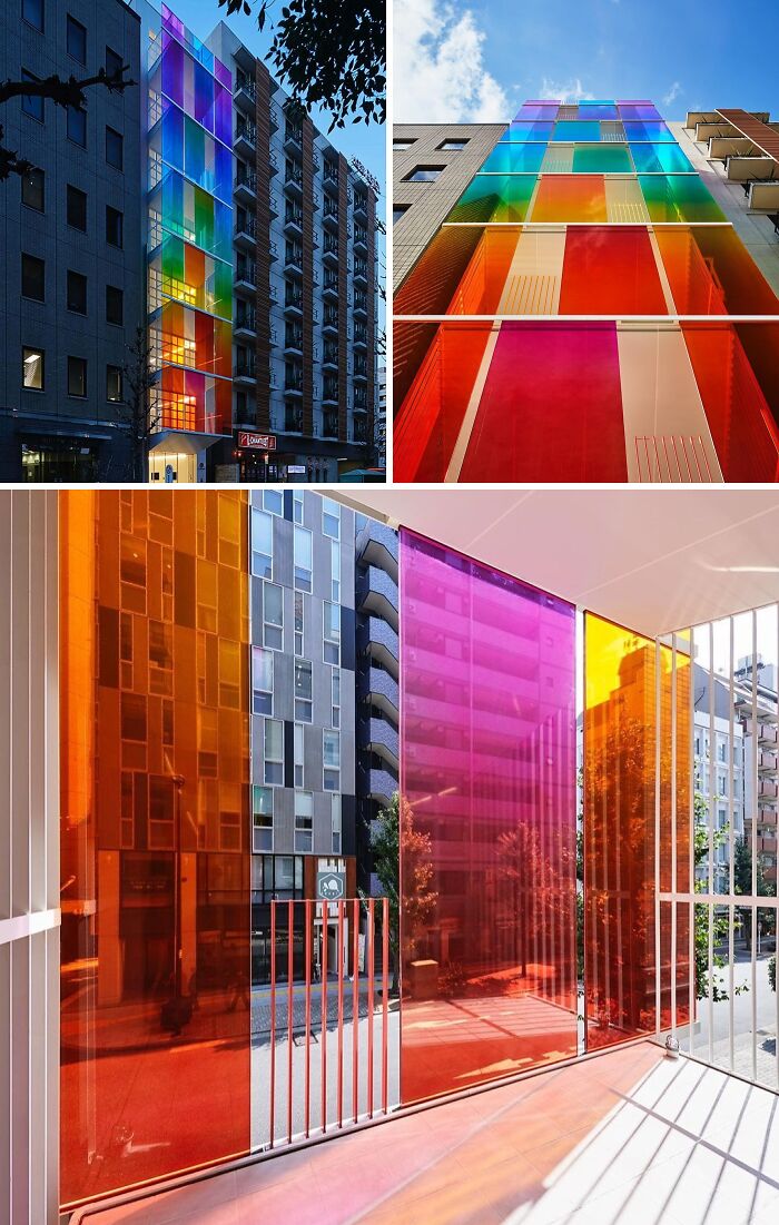 Multiple views of a building with a facade of colorful, transparent panels, a brilliant design choice surprising people.