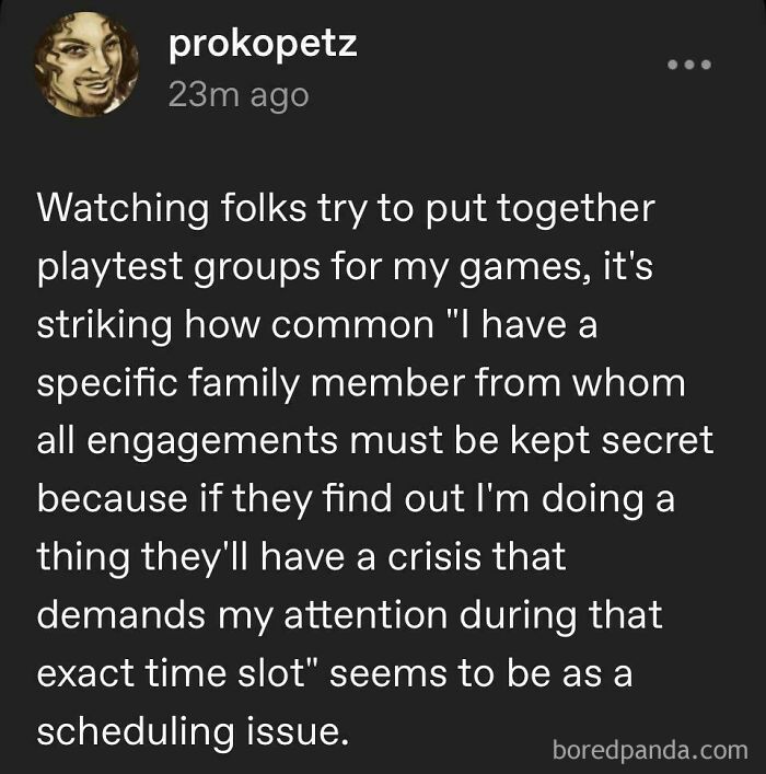 A screenshot of an oddly specific post on Twitter discussing peculiar scheduling issues for game playtest groups.