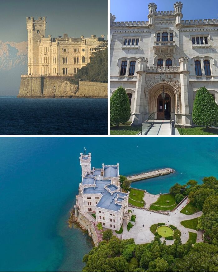 Three views of a stunning castle on a cliff by the sea, a brilliant design choice surprising people with its beauty.