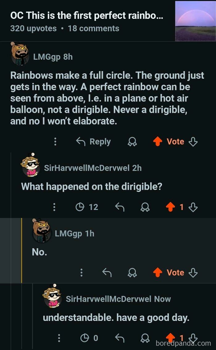 A screenshot of an oddly specific post about perfect rainbows and questions about a dirgible.