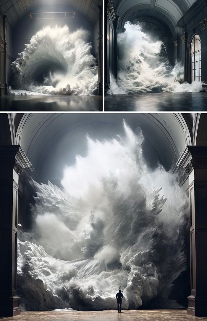 Three images showcasing brilliant design choices of a massive wave-like art installation inside a building, surprising people.