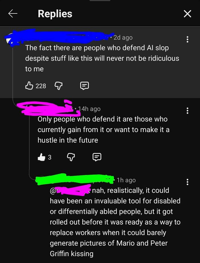 An oddly specific post showing YouTube comments discussing the defense of AI slop and its impact on disabled people and job replacement.