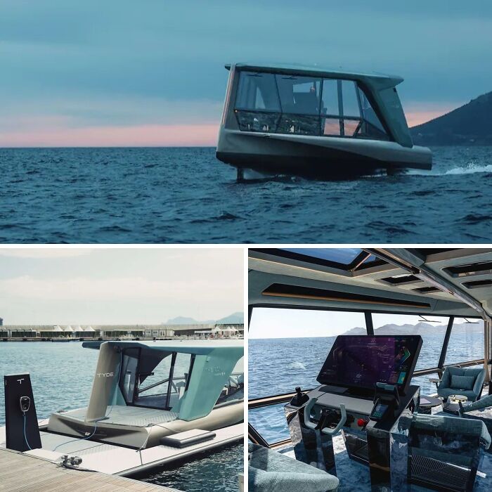 A sleek, futuristic hydrofoil boat on the water, with an image of its modern interior, highlighting brilliant design choices.