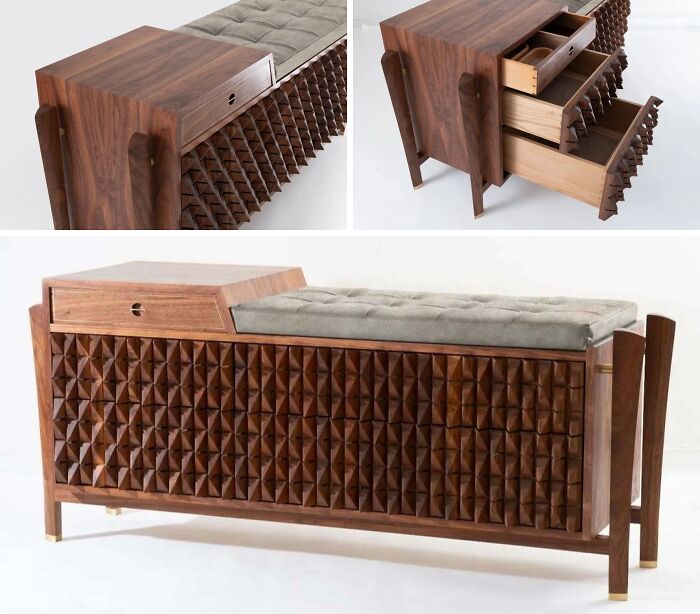 A wooden storage bench with intricate geometric patterns and a cushioned top, featuring brilliant design choices.