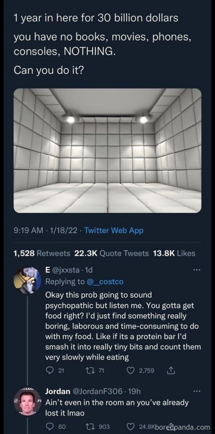 An oddly specific post showing a padded room, questioning if one could stay for a year for 30 billion dollars without entertainment.