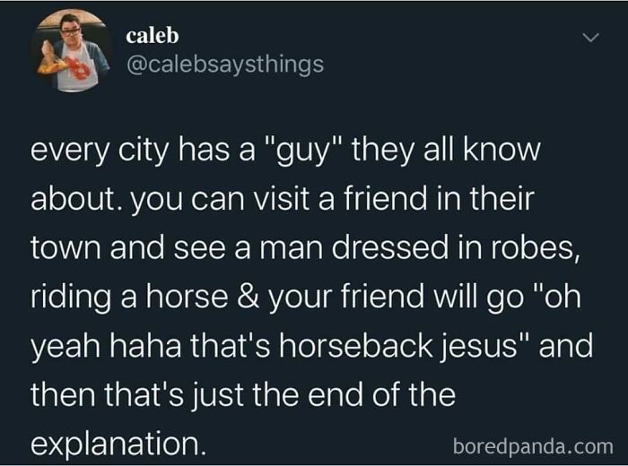 A screenshot of an oddly specific post from Caleb on X, about a horseback Jesus in every town.