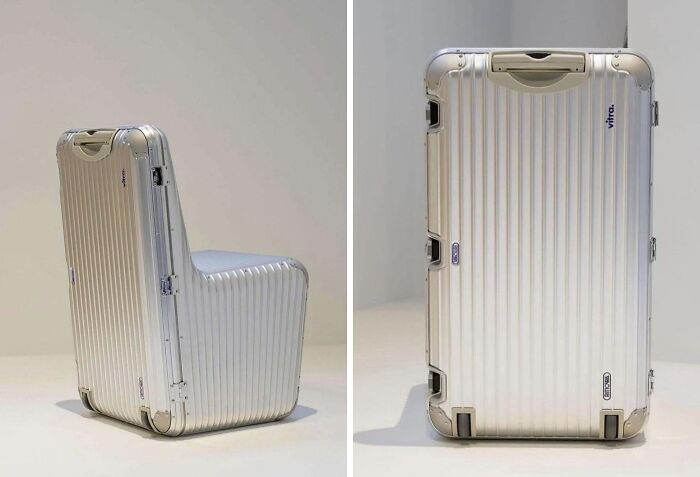A brilliant design choice: a silver suitcase that transforms into a chair.
