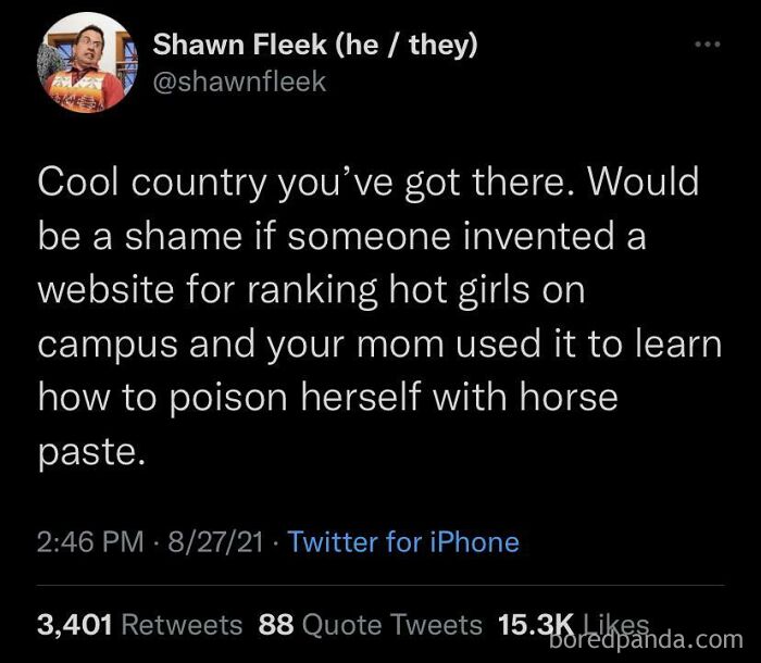 An oddly specific post by Shawn Fleek on Twitter about a website for ranking hot girls and horse paste.