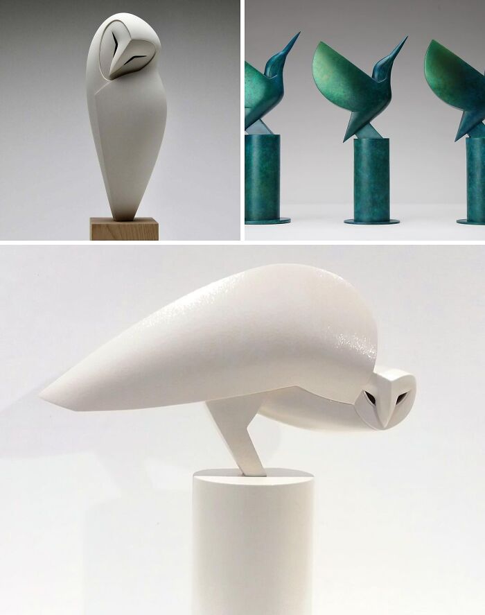 A brilliant design choice: minimalist white and green bird sculptures.