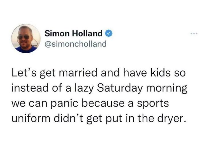 An oddly specific post by Simon Holland on Twitter about trading lazy Saturdays for sports uniform panic.