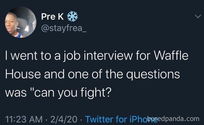 An oddly specific post recounting a job interview for Waffle House where the question was Can you fight?