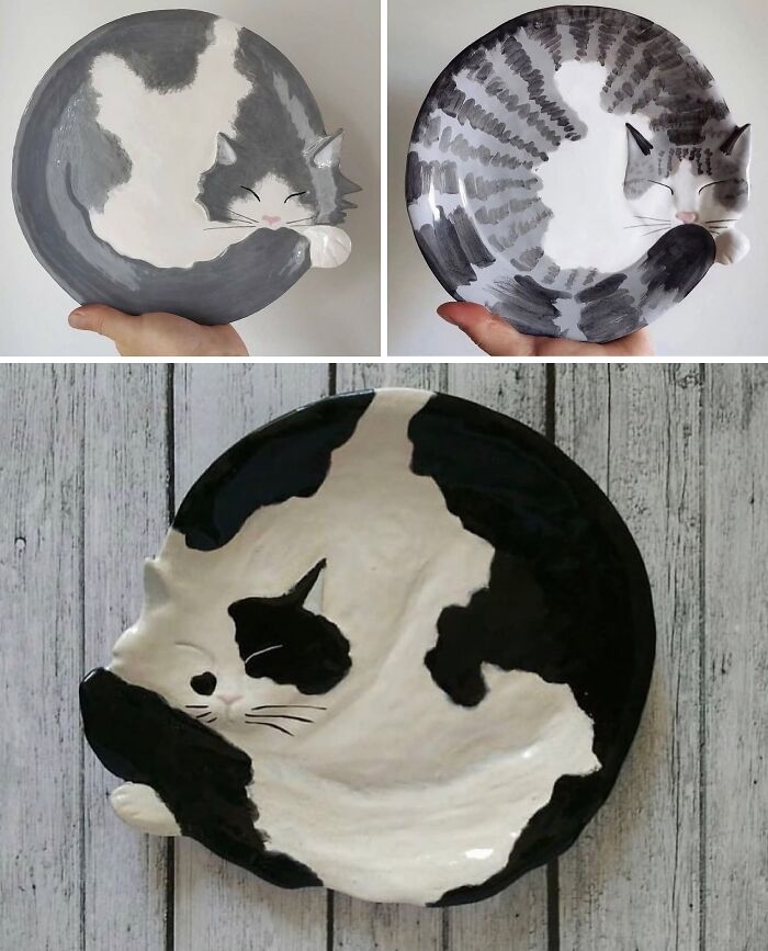 Brilliant design choices are shown with three ceramic plates shaped like sleeping cats of different colors.