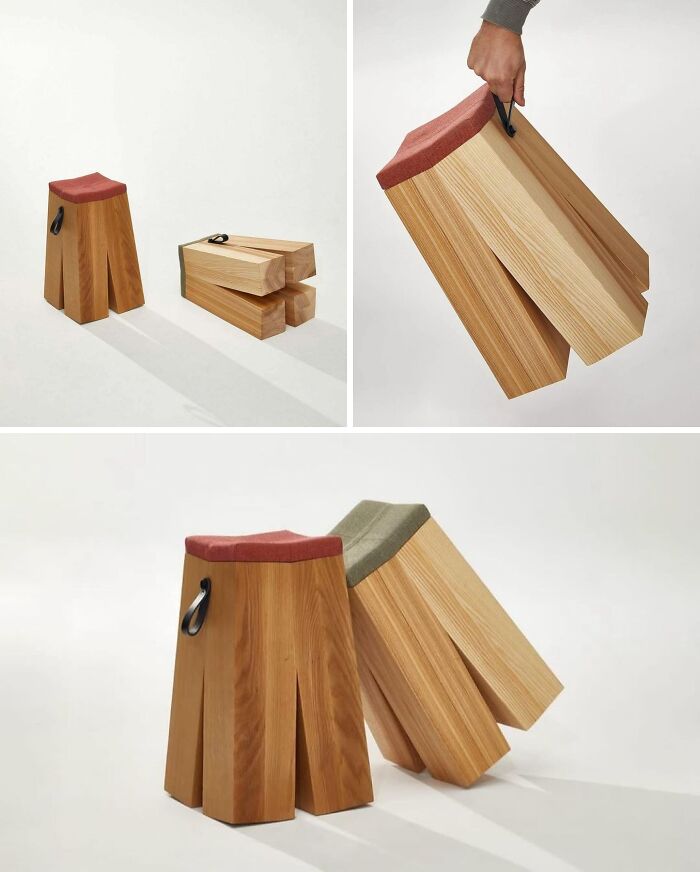 A set of brilliant design choices for wooden stools with different colored upholstered tops and a carrying handle.