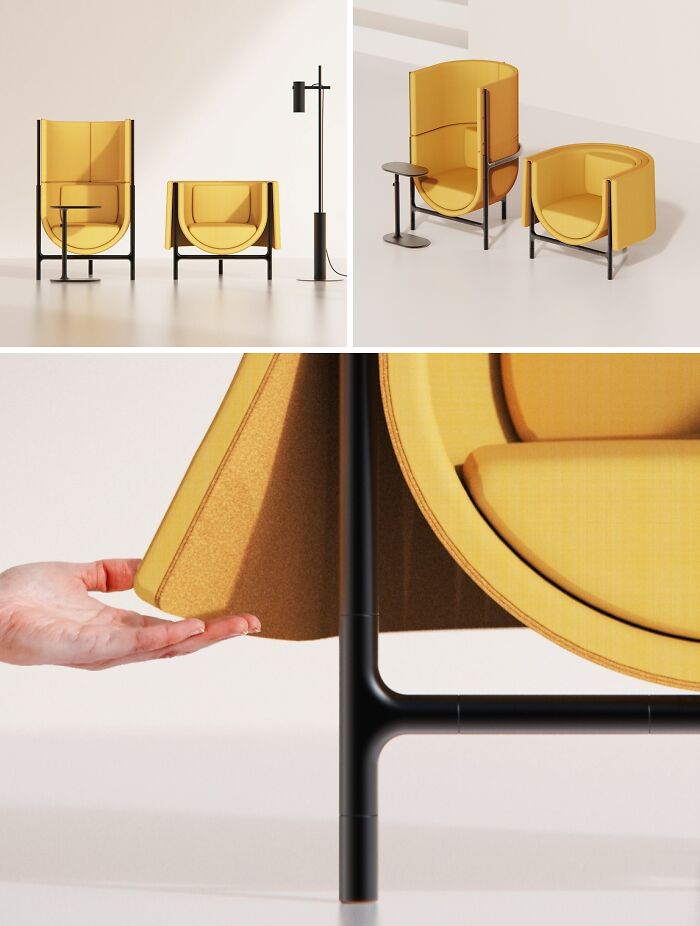 Collage of yellow modular chairs with brilliant design choices that can be configured in different ways.