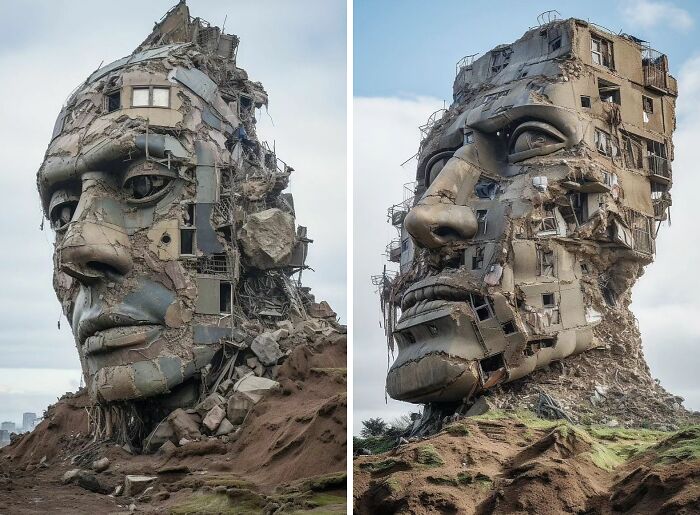 A brilliant design of a large, imposing human head sculpture made from concrete and debris, showcasing an astonishing artistic choice.