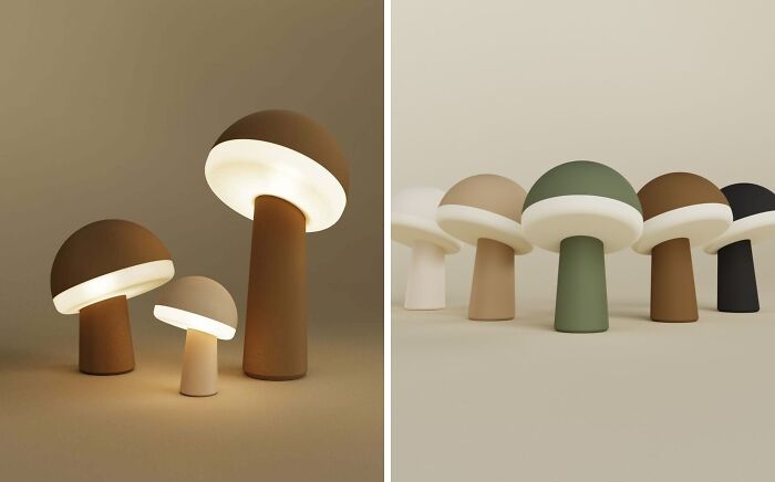 A brilliant design featuring mushroom-shaped lamps in various sizes and colors, illuminated softly, demonstrating innovative lighting choices.