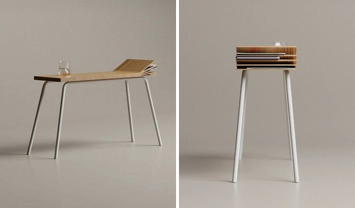 A minimalist wooden desk with brilliant design choices, designed to hold magazines and a glass, viewed from two angles.