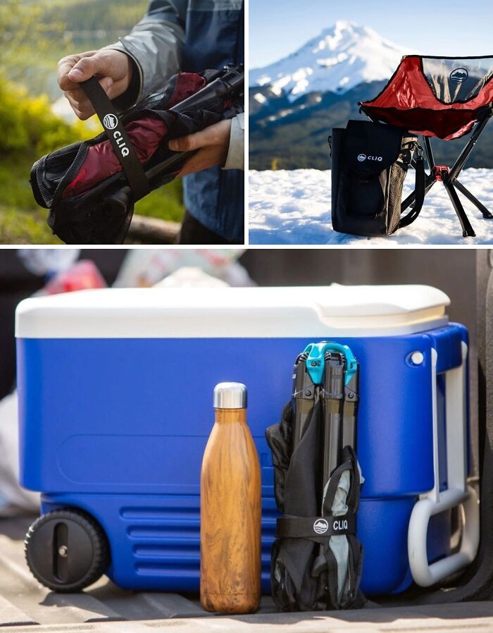 Collage showing a portable camping chair, an example of brilliant design choices for outdoor enthusiasts, packed and set up in various environments.