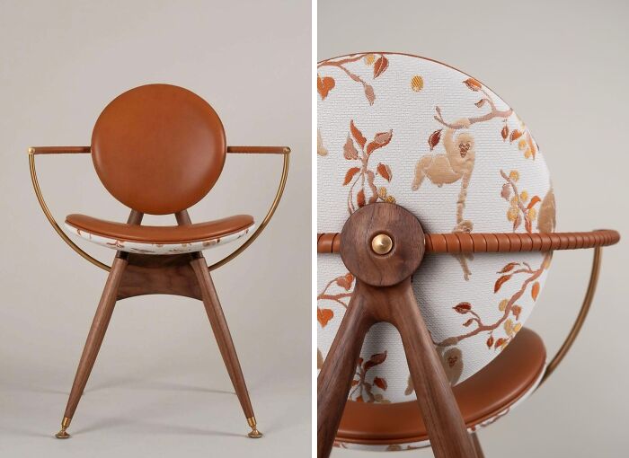 Brilliant design choices: A stylish chair with a round leather back and a patterned seat featuring sloths on branches.