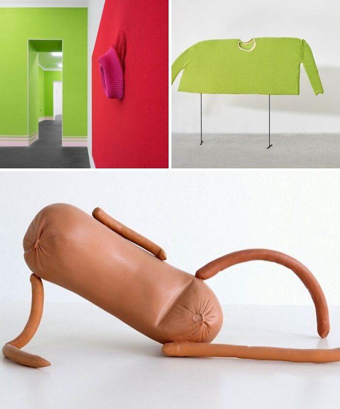 Brilliant design choices: A collage of unusual art pieces including a pink protrusion from a red wall, a floating green sweater, and a sausage sculpture.