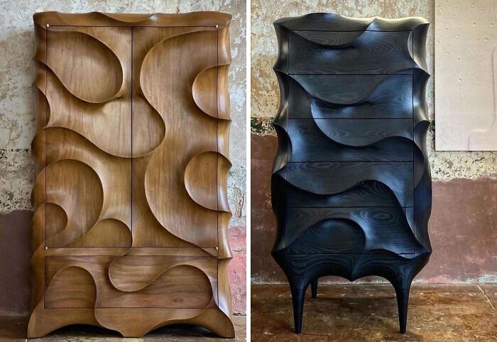 Brilliant design choices: Two sculpted wooden cabinets with organic, wavy patterns in light and dark finishes.