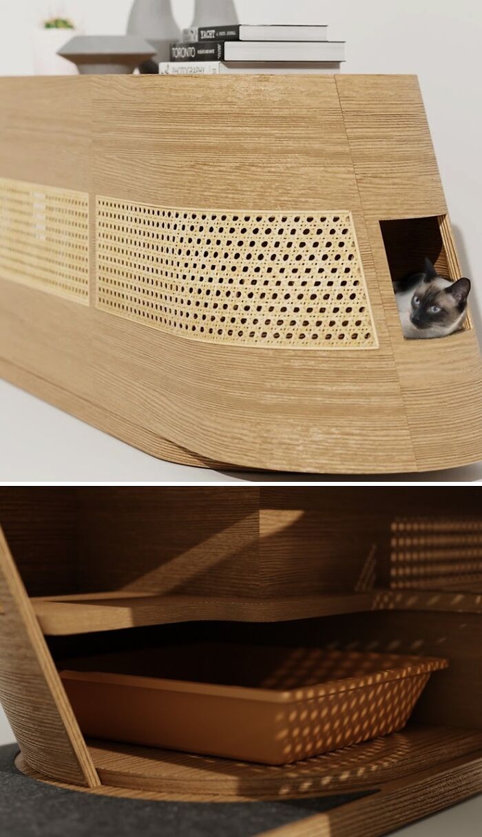 A brilliant design choice: a stylish wooden cat litter enclosure with a rattan screen, providing a discreet and aesthetic space for a cat.