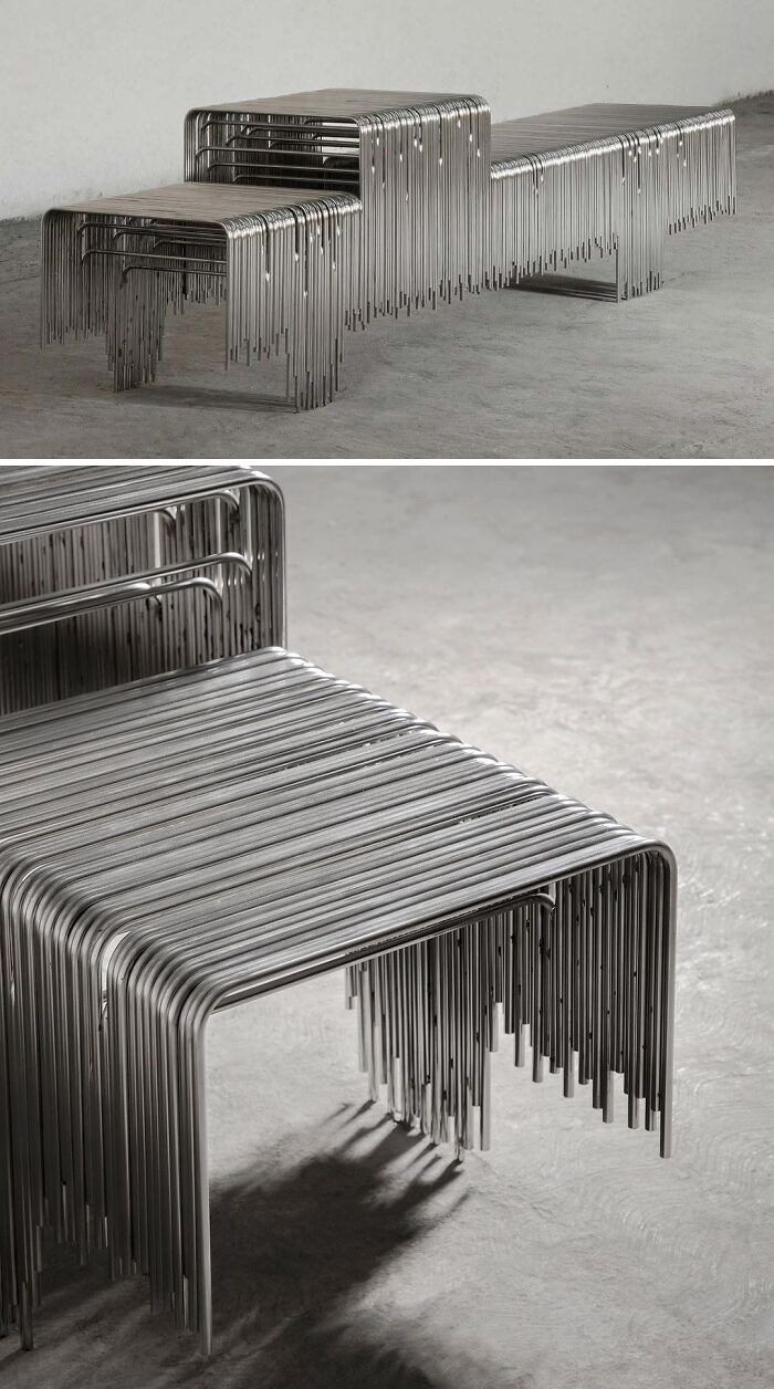 Brilliant design choices: nesting coffee tables crafted from many bent metal tubes, showcasing a unique and striking furniture design.