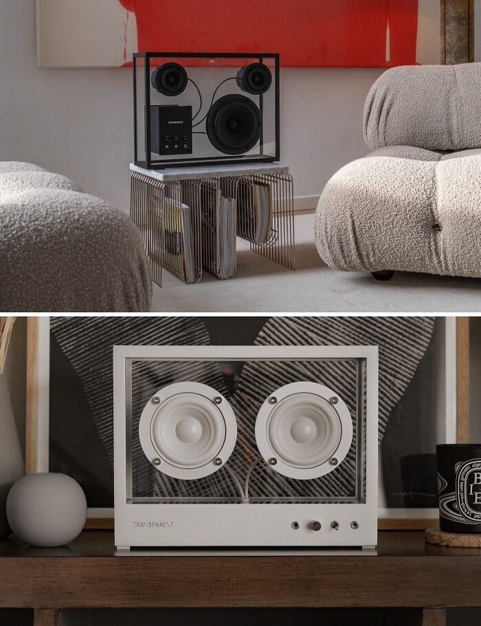 Transparent speakers, a brilliant design choice, adding a minimalist aesthetic to living room decor.